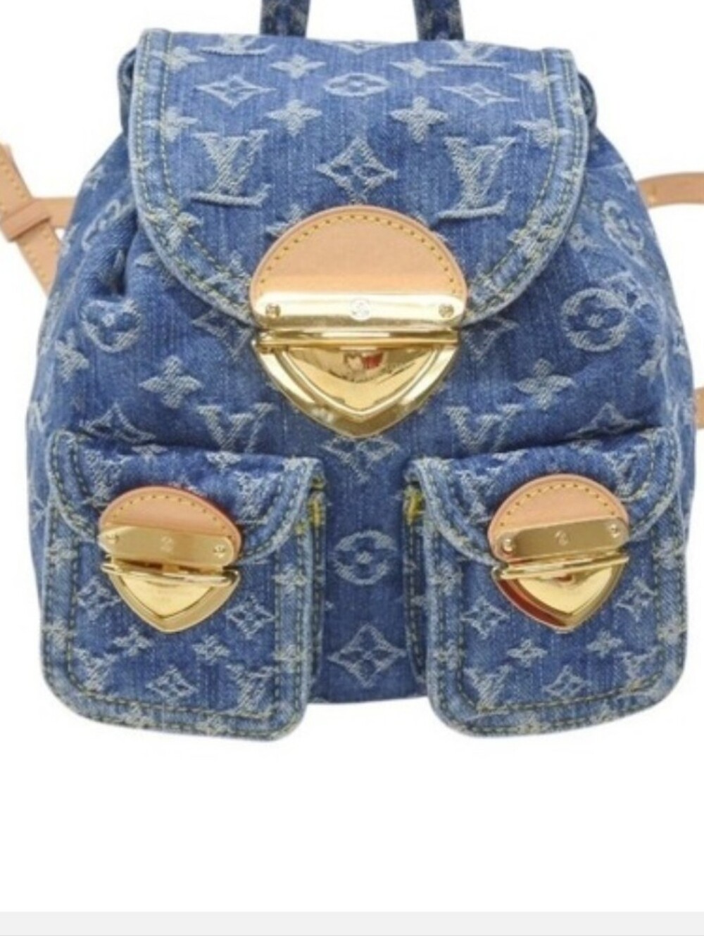 Cotton Remix Blue Monogram Denim Midi Backpack Tan Trim - Picture 8 of 16